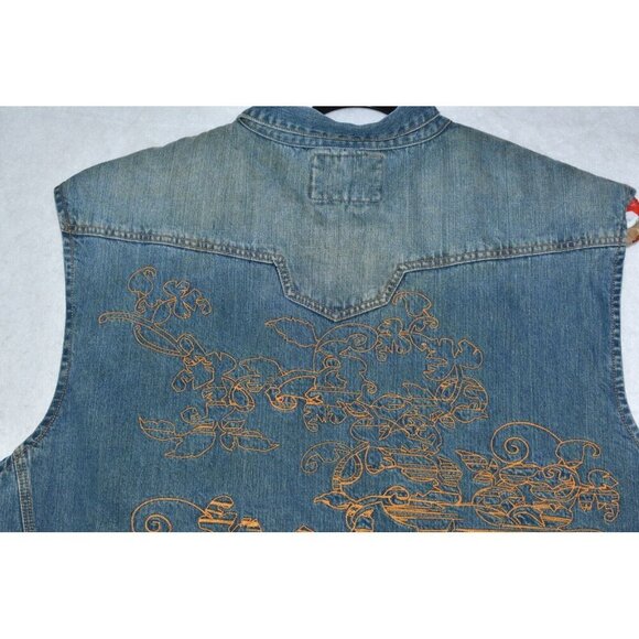 Indigo Red Denim Men's Vest Size 3XL Blue Sherpa Lined Embroidered Cotton Peace - Picture 14 of 16
